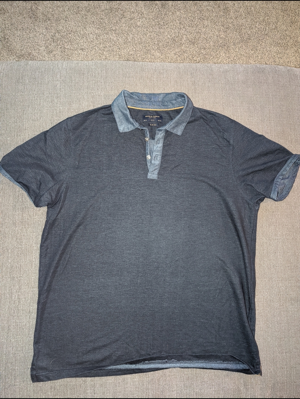 Men's Denim & Flower Polo Shirt with Contrast Chambray Collar - Dark Navy